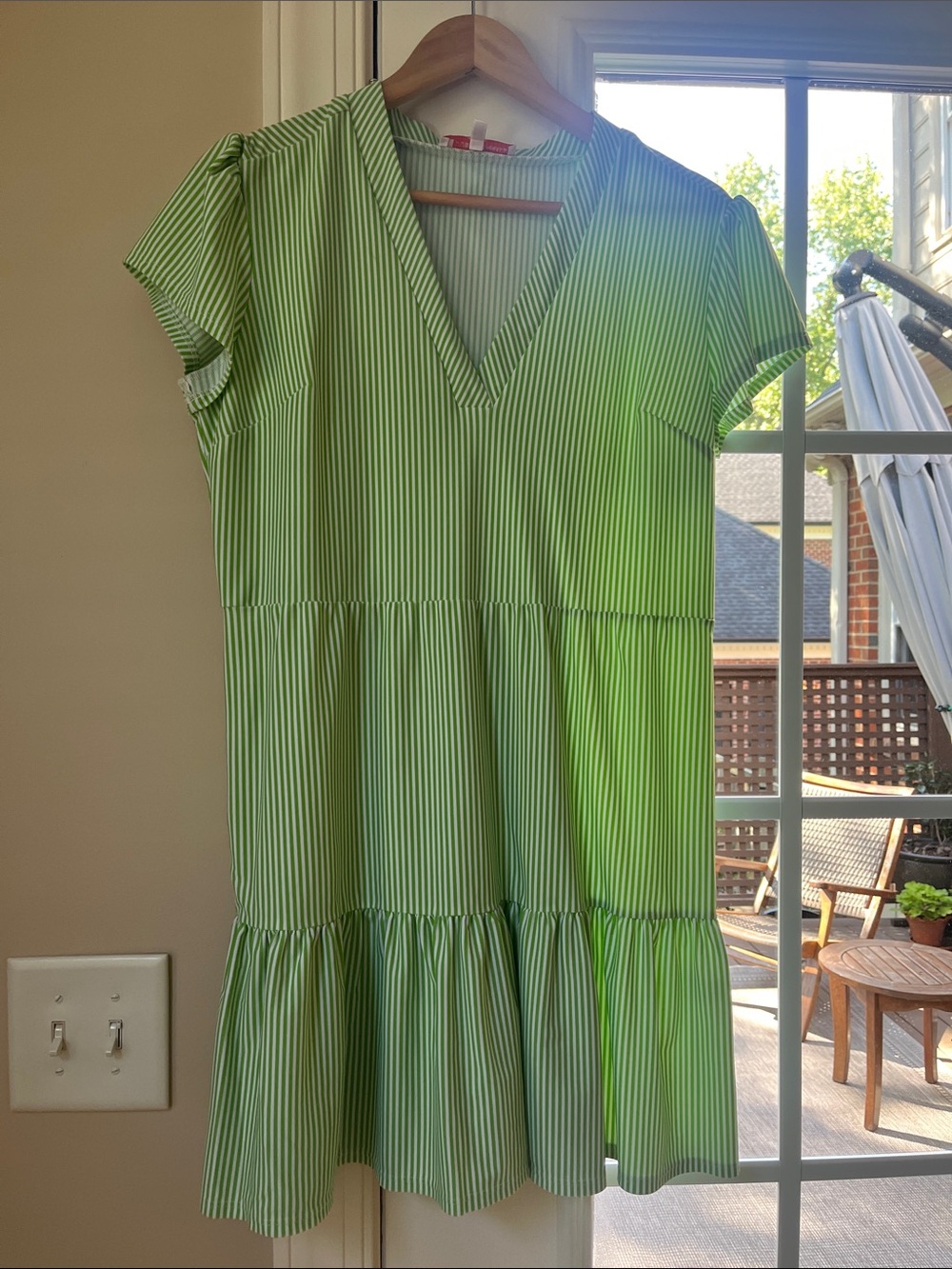 Jude Connally Lime Green Striped V-Neck Tiered Mini Dress